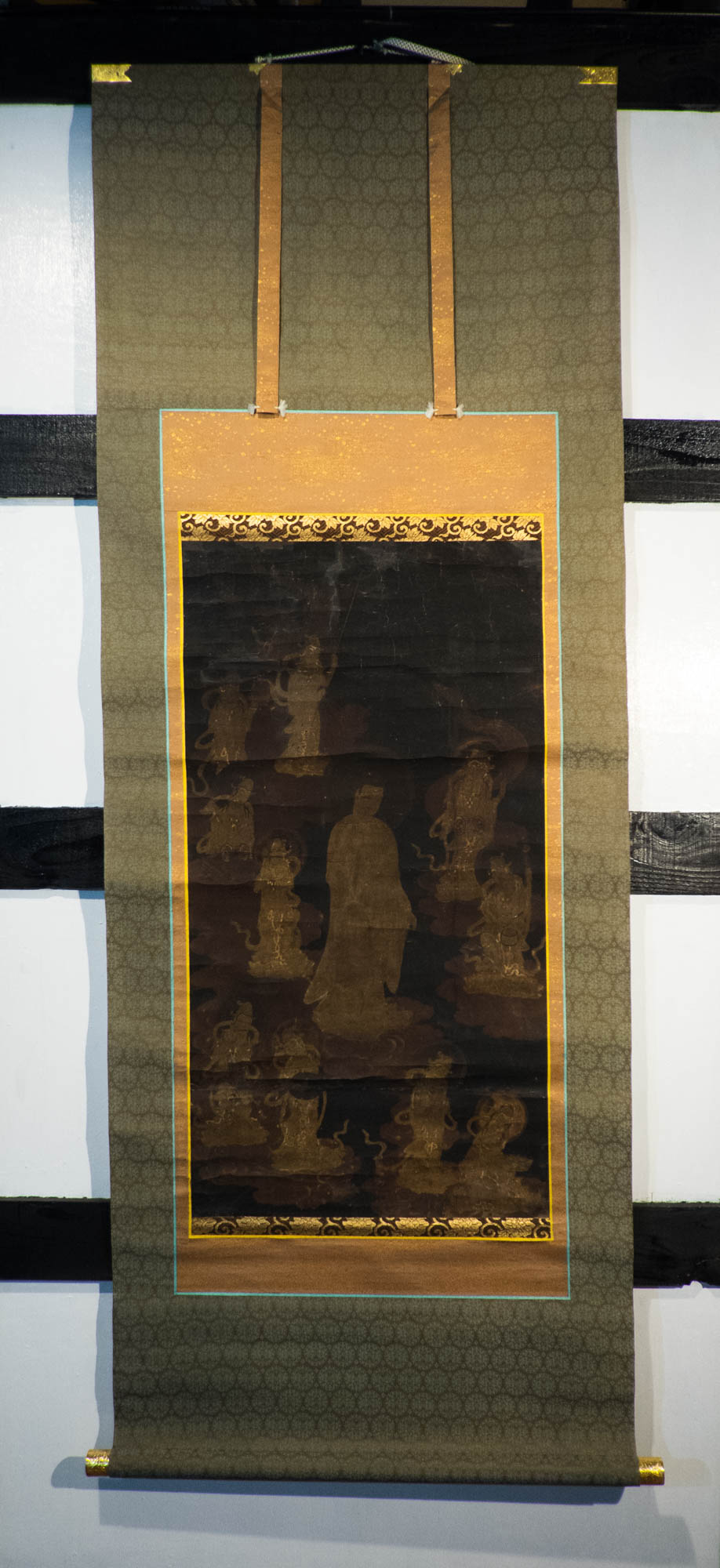 Antique Japanese Thirteen Buddhas Scroll, Jūsanbutsu Gold Buddhist Kakejiku, Memorial Temple Art, Edo Meiji Silk Painting