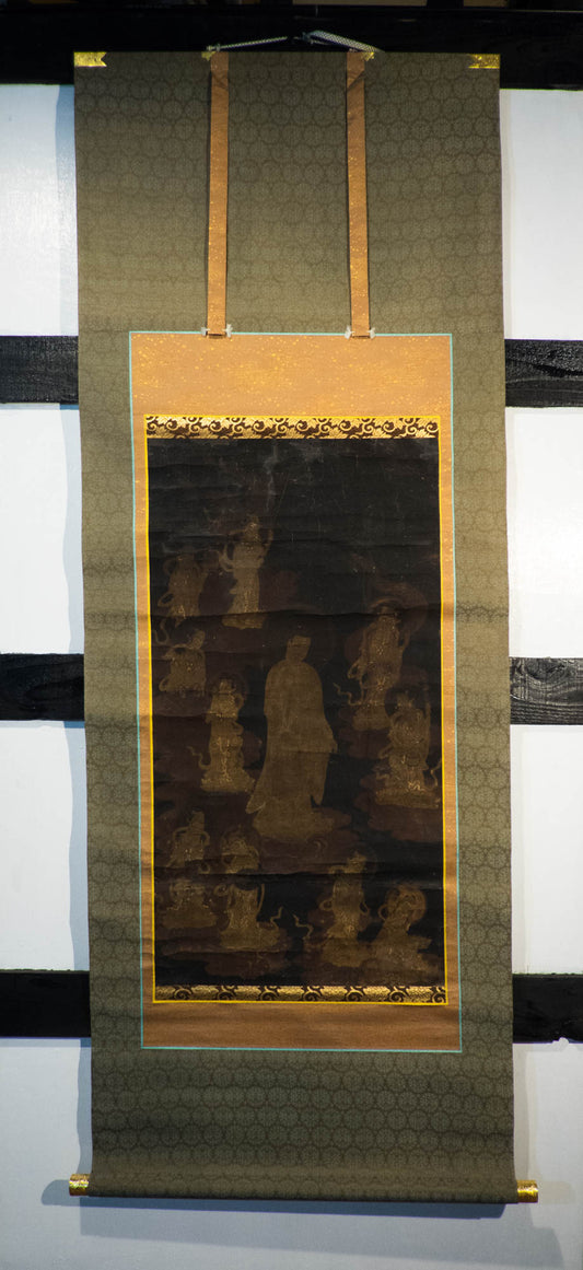 Antique Japanese Thirteen Buddhas Scroll, Jūsanbutsu Gold Buddhist Kakejiku, Memorial Temple Art, Edo Meiji Silk Painting