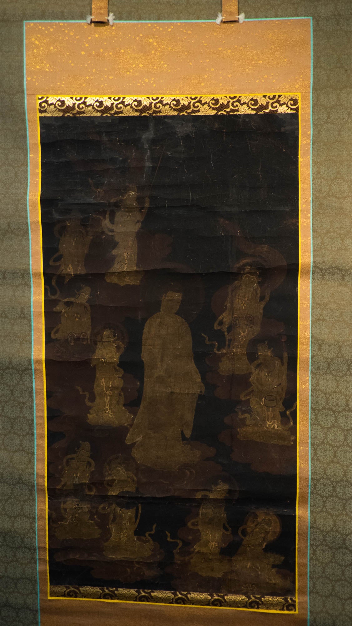 Antique Japanese Thirteen Buddhas Scroll, Jūsanbutsu Gold Buddhist Kakejiku, Memorial Temple Art, Edo Meiji Silk Painting