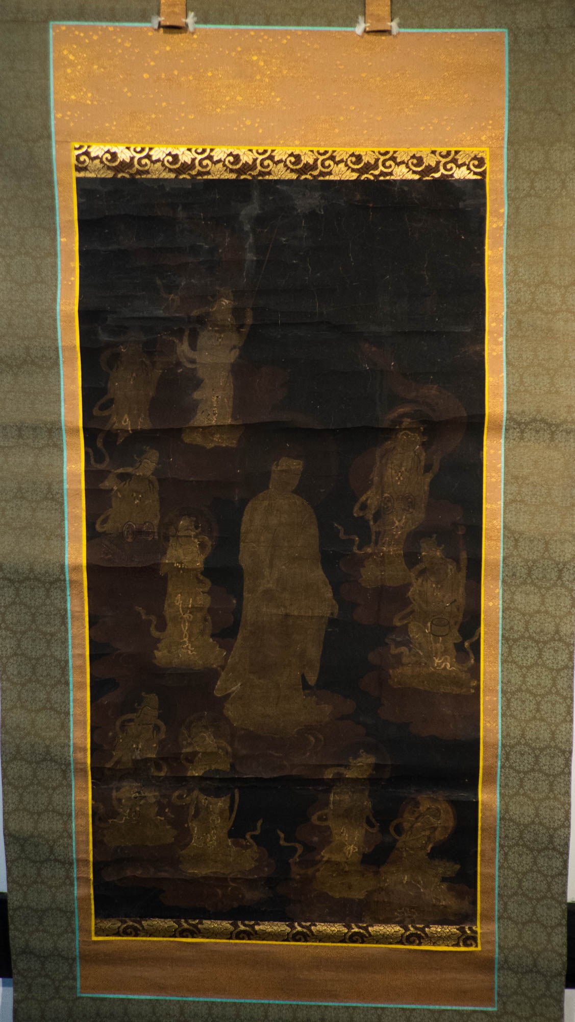 Antique Japanese Thirteen Buddhas Scroll, Jūsanbutsu Gold Buddhist Kakejiku, Memorial Temple Art, Edo Meiji Silk Painting