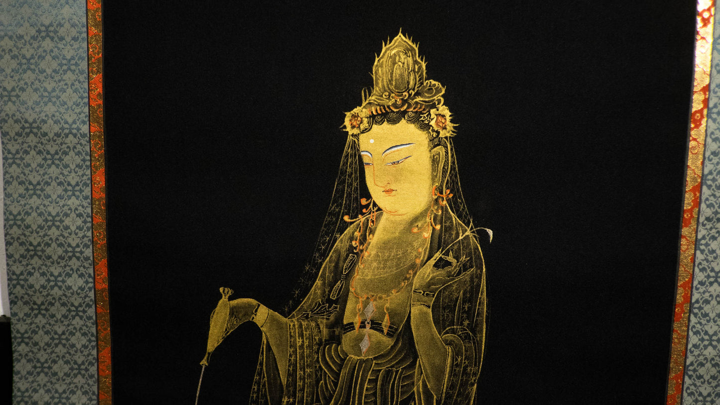 Gold Kannon Hanging Scroll | Japanese Heart Sutra Buddhist Art | Zen Wall Decor | Guanyin Bodhisattva Calligraphy Spiritual Meditation Gift
