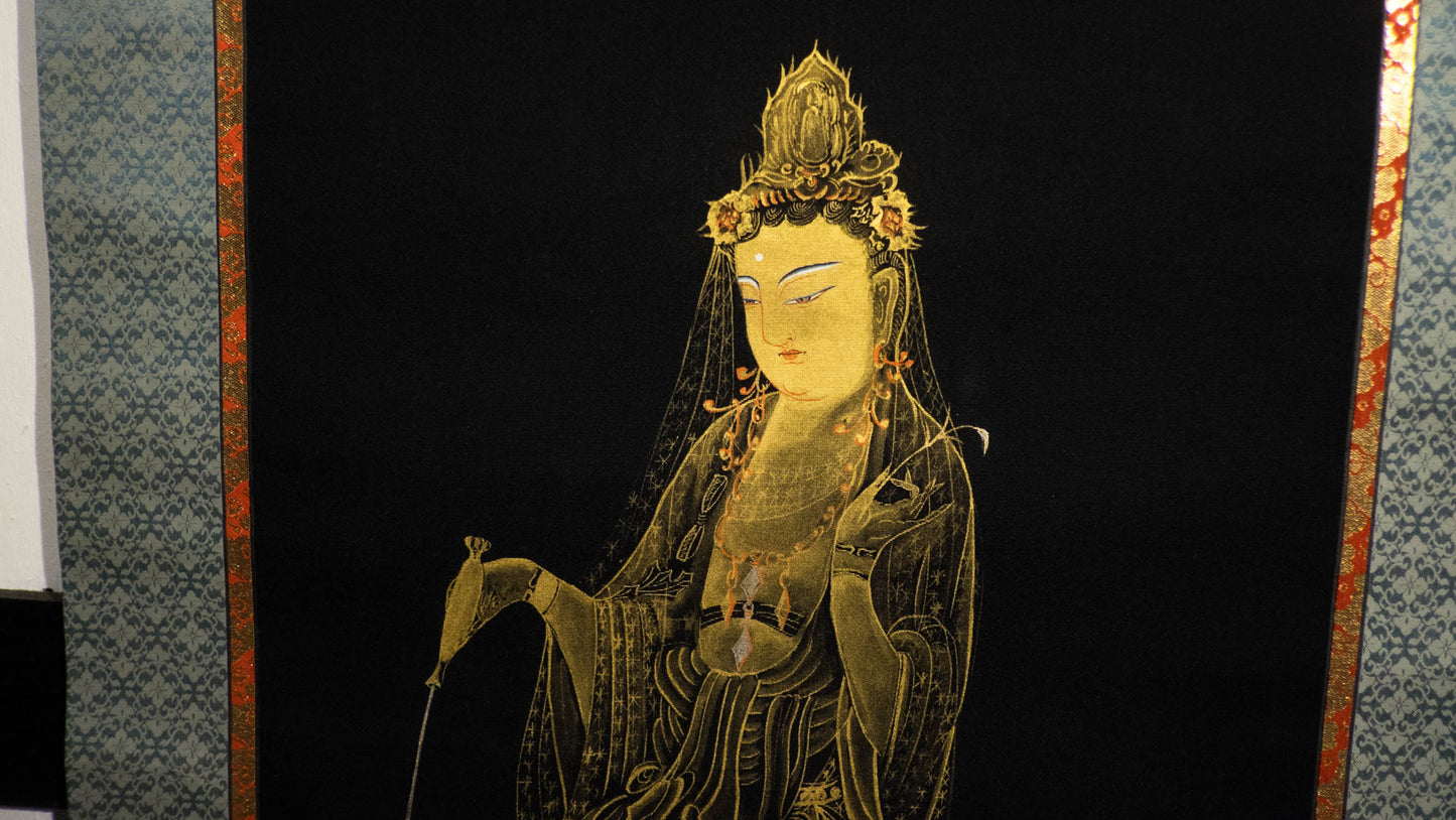 Gold Kannon Hanging Scroll | Japanese Heart Sutra Buddhist Art | Zen Wall Decor | Guanyin Bodhisattva Calligraphy Spiritual Meditation Gift