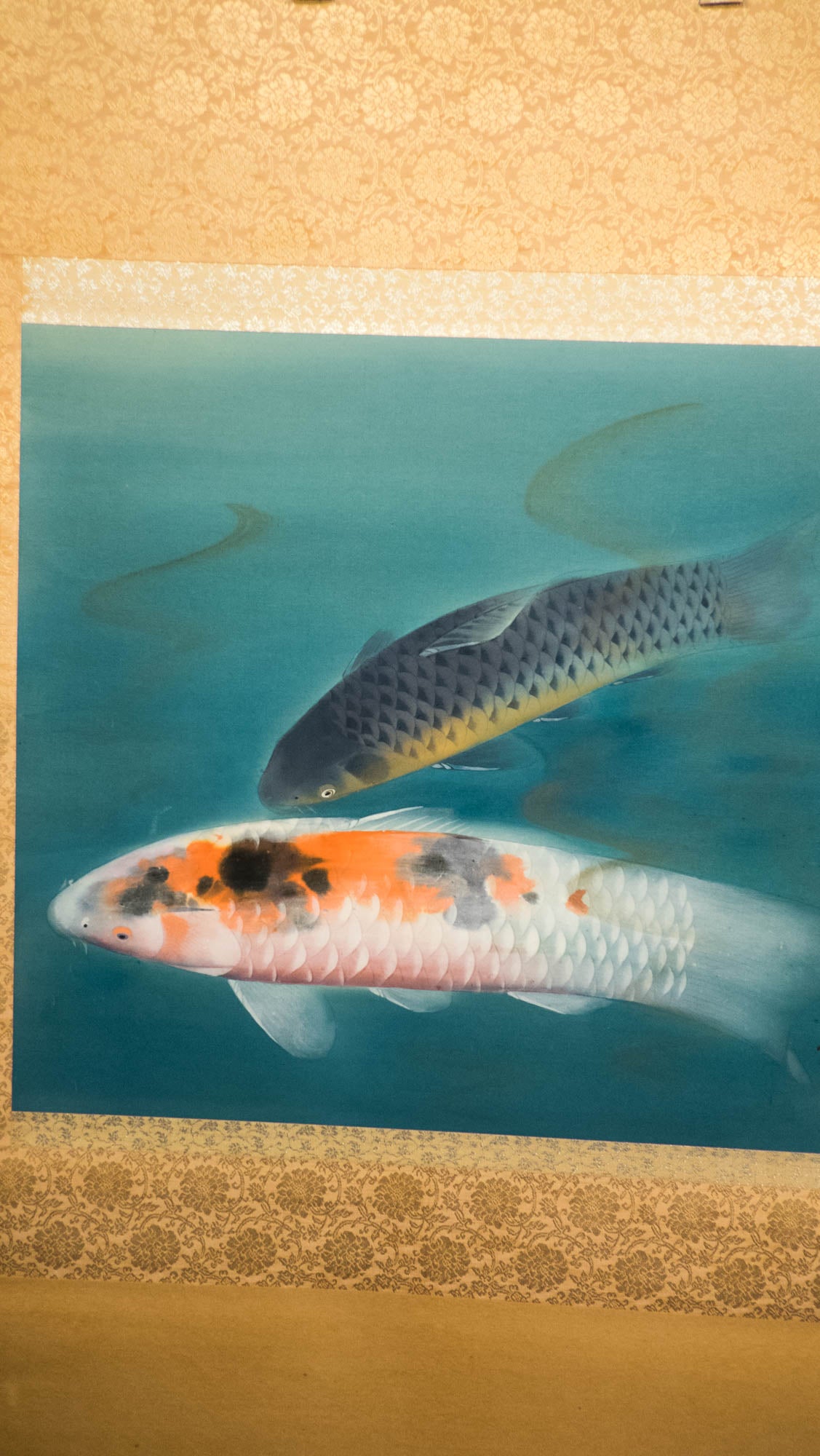 Vintage Japanese Nihonga Koi Scroll Painting | Hand-Painted Hanging Scroll | Peaceful Symbolic Art of Luck and Perseverance