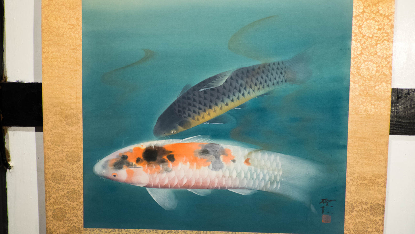 Vintage Japanese Nihonga Koi Scroll Painting | Hand-Painted Hanging Scroll | Peaceful Symbolic Art of Luck and Perseverance