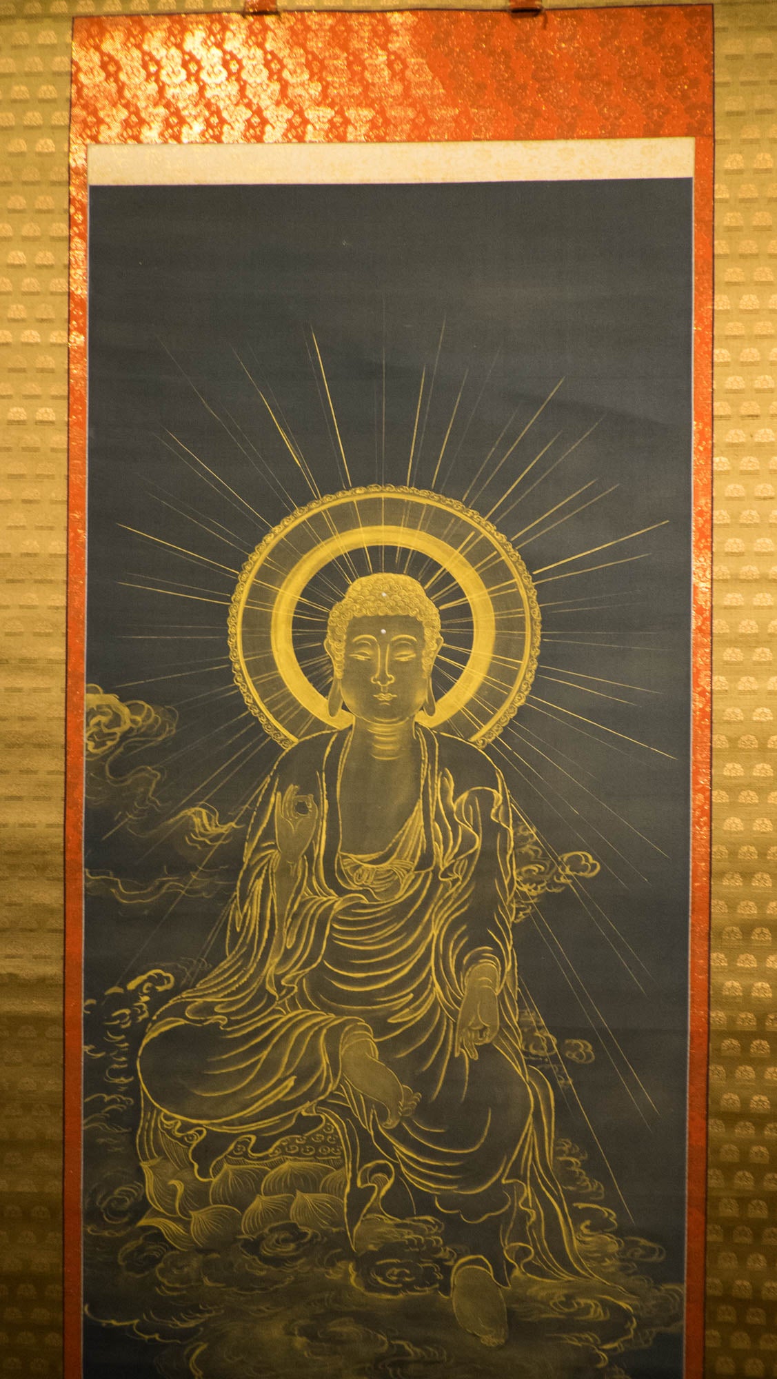 Vintage Japanese Golden Buddha Hanging Scroll, Black Gold Kakejiku Buddhist Temple Art, Inscribed Spiritual Wall Decor with Box