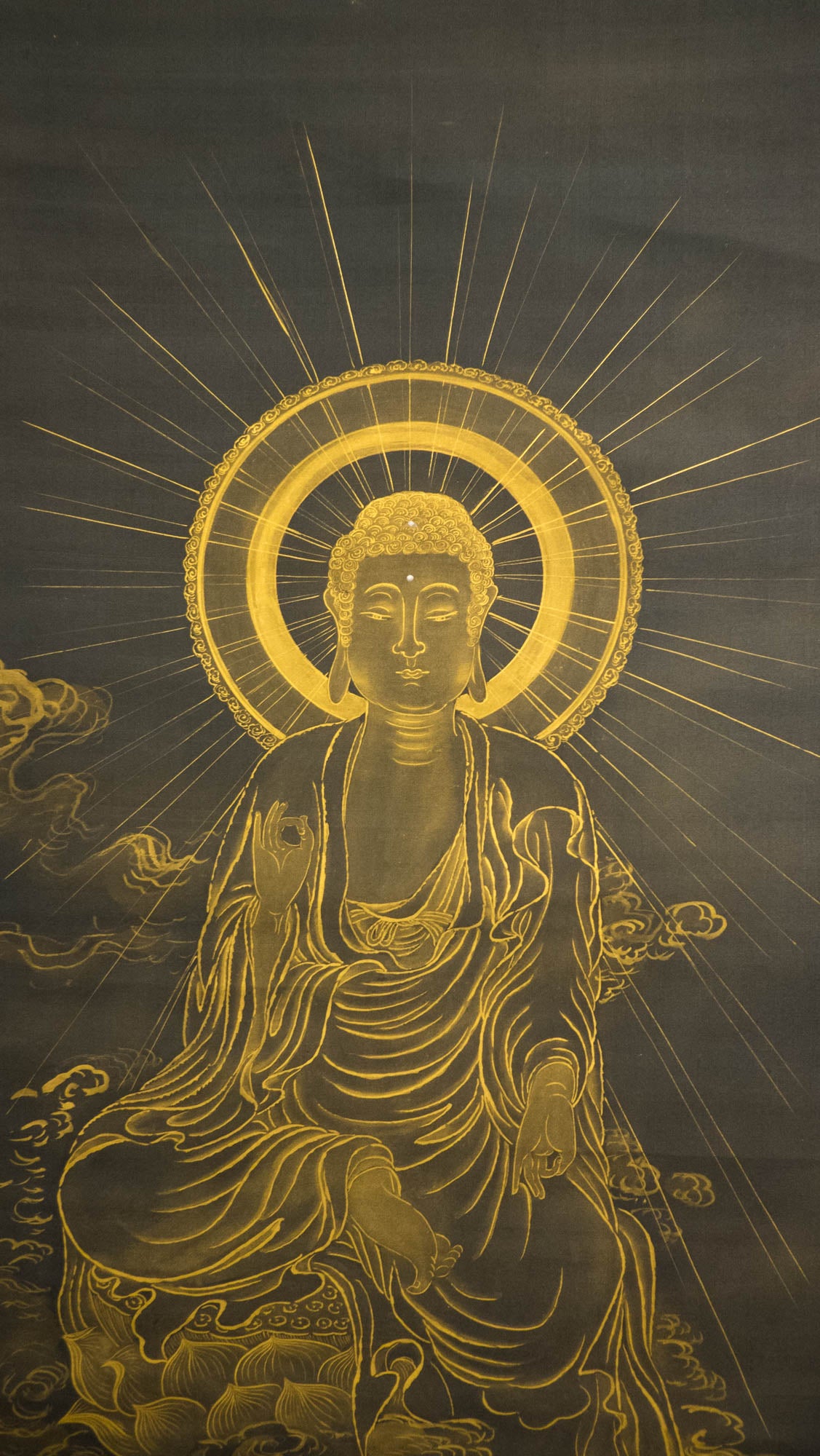 Vintage Japanese Golden Buddha Hanging Scroll, Black Gold Kakejiku Buddhist Temple Art, Inscribed Spiritual Wall Decor with Box