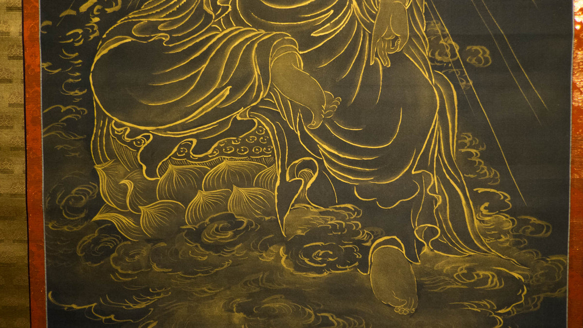 Vintage Japanese Golden Buddha Hanging Scroll, Black Gold Kakejiku Buddhist Temple Art, Inscribed Spiritual Wall Decor with Box