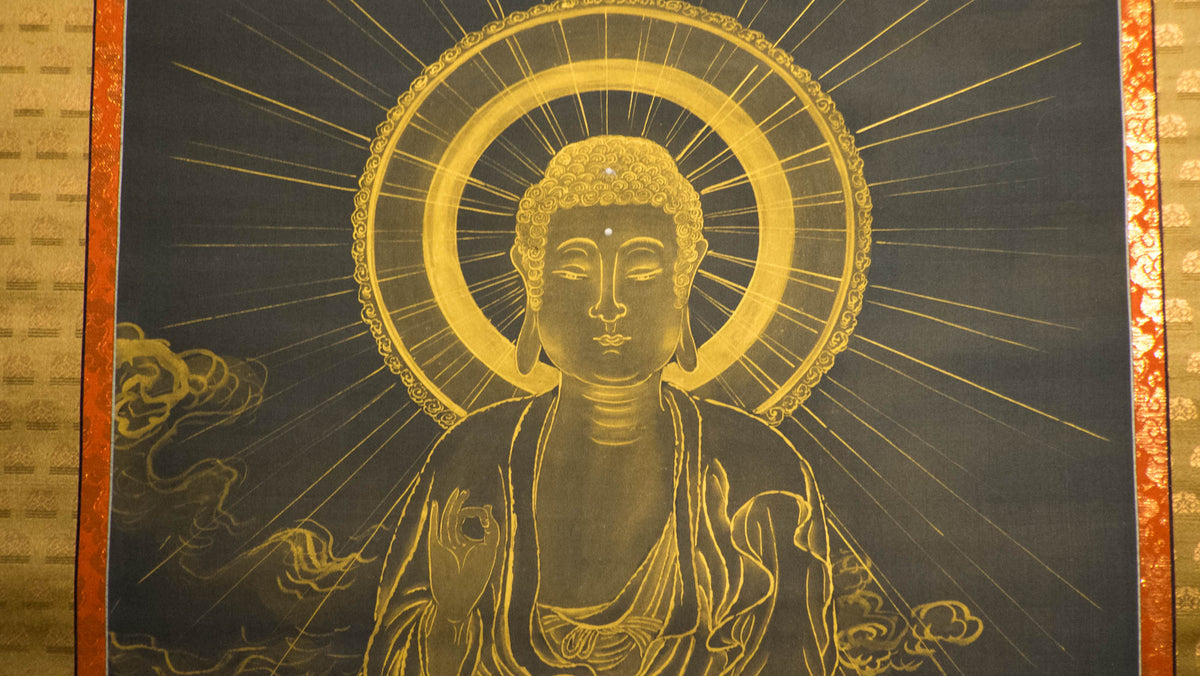 Vintage Japanese Golden Buddha Hanging Scroll, Black Gold Kakejiku Buddhist Temple Art, Inscribed Spiritual Wall Decor with Box