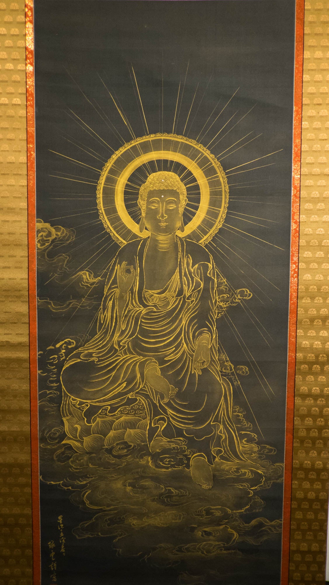 Vintage Japanese Golden Buddha Hanging Scroll, Black Gold Kakejiku Buddhist Temple Art, Inscribed Spiritual Wall Decor with Box