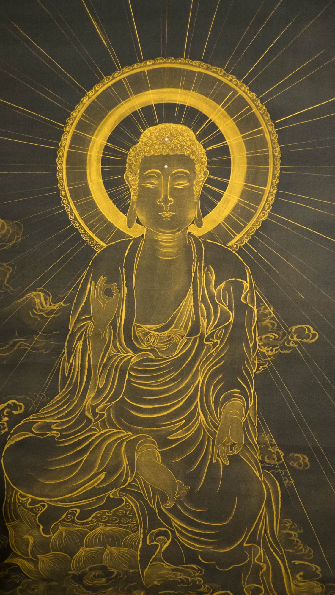 Vintage Japanese Golden Buddha Hanging Scroll, Black Gold Kakejiku Buddhist Temple Art, Inscribed Spiritual Wall Decor with Box