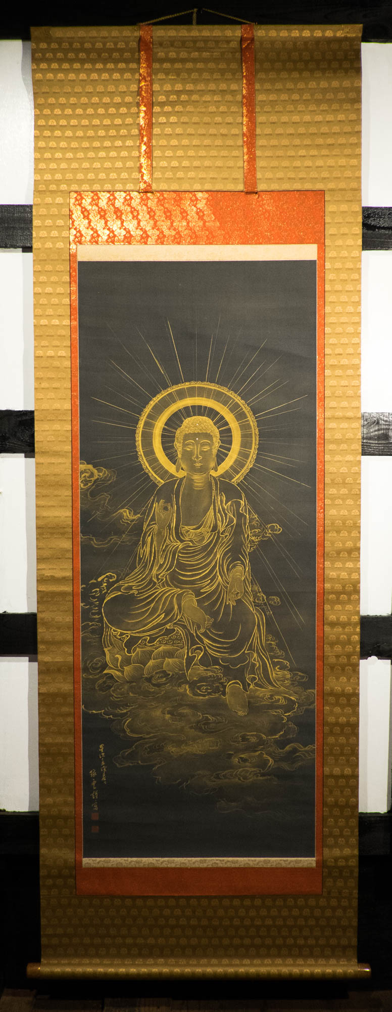 Vintage Japanese Golden Buddha Hanging Scroll, Black Gold Kakejiku Buddhist Temple Art, Inscribed Spiritual Wall Decor with Box