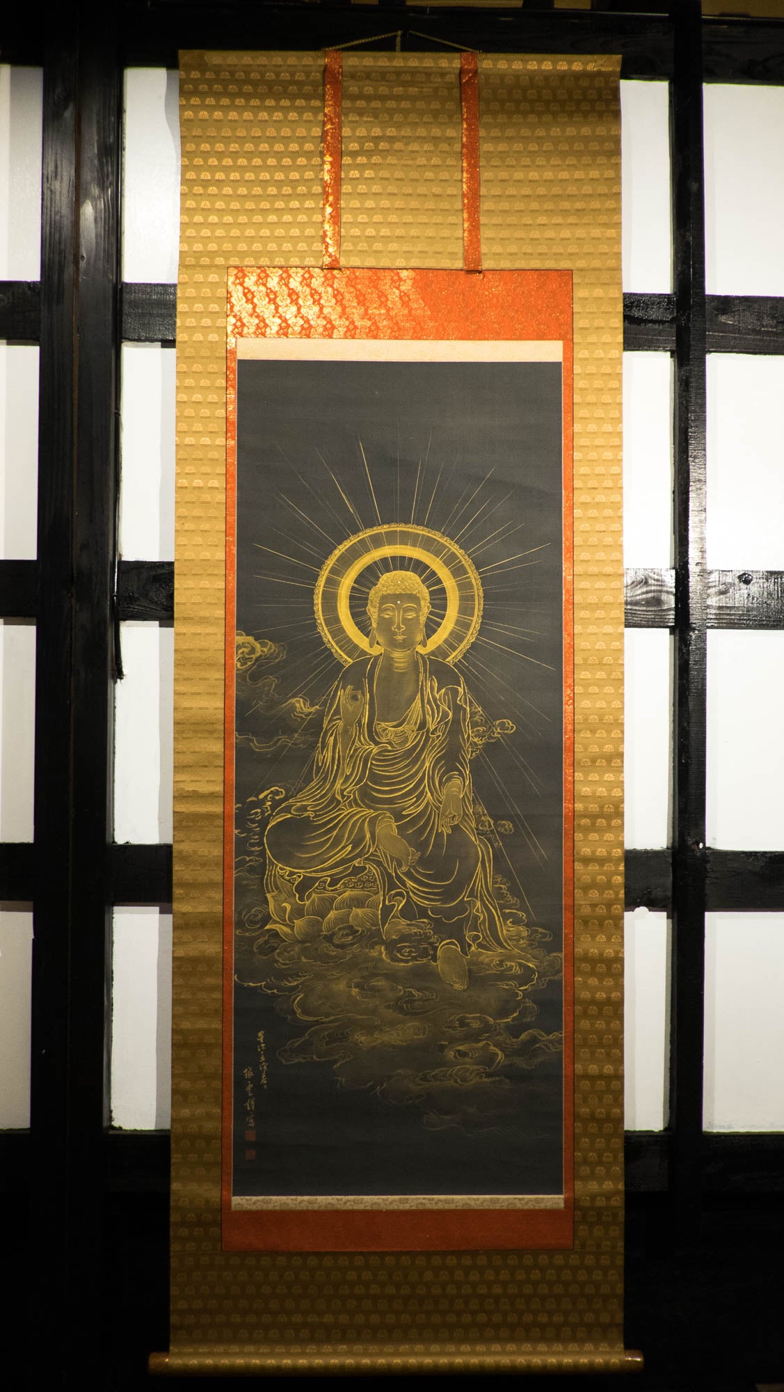 Vintage Japanese Golden Buddha Hanging Scroll, Black Gold Kakejiku Buddhist Temple Art, Inscribed Spiritual Wall Decor with Box