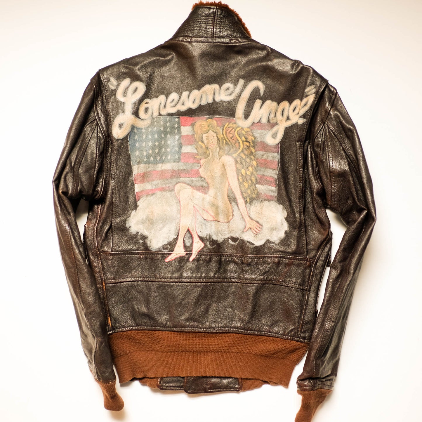 Vintage AVIREX Lonesome Angel Nose Art Leather Flight Jacket | U.S. Navy G-1 Style Bomber Jacket