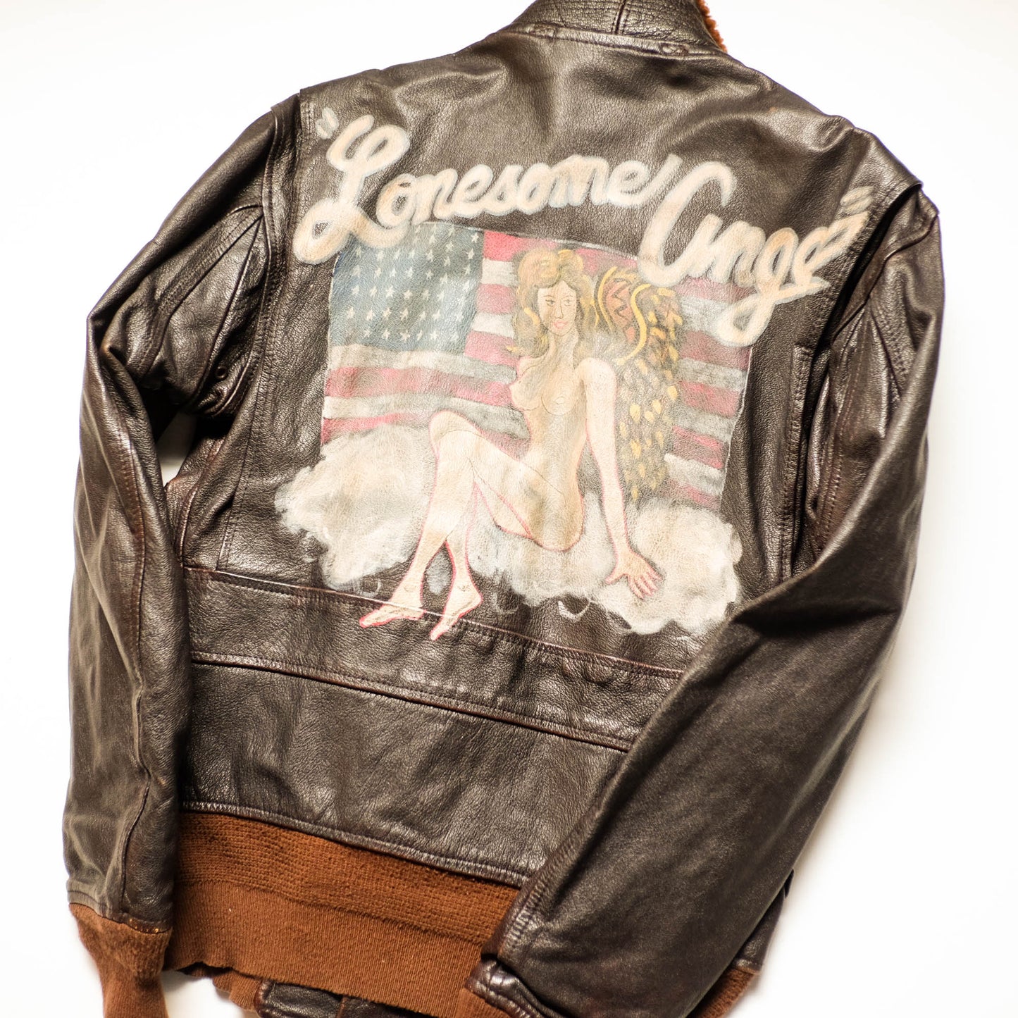 Vintage AVIREX Lonesome Angel Nose Art Leather Flight Jacket | U.S. Navy G-1 Style Bomber Jacket