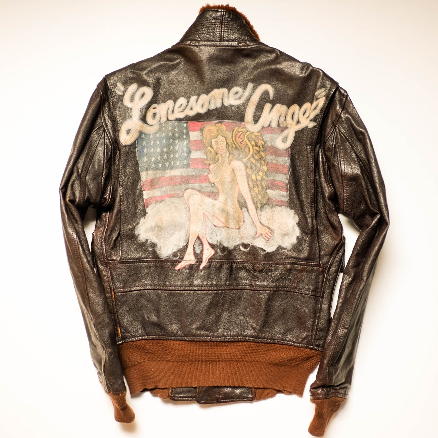 Vintage AVIREX Lonesome Angel Nose Art Leather Flight Jacket | U.S. Navy G-1 Style Bomber Jacket