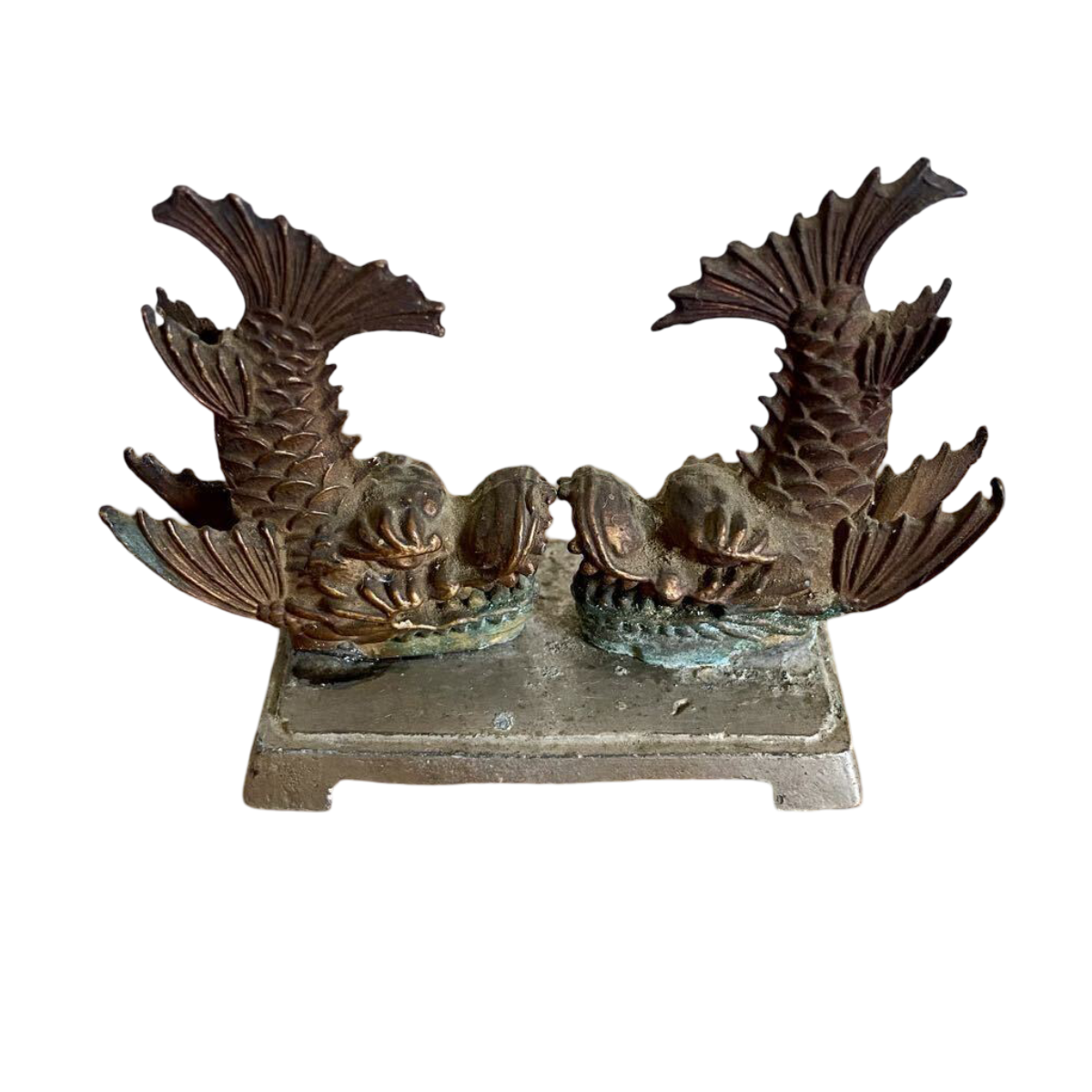 Vintage Japanese Copper Shachihoko Pair, Small Castle Roof Guardian Okimono, Metal Folk Art Sculpture, Japan Decor