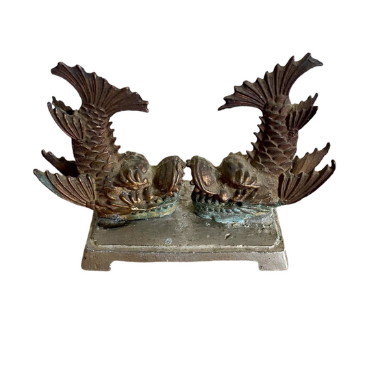 Vintage Japanese Copper Shachihoko Pair, Small Castle Roof Guardian Okimono, Metal Folk Art Sculpture, Japan Decor