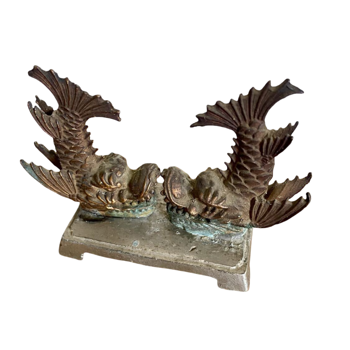 Vintage Japanese Copper Shachihoko Pair, Small Castle Roof Guardian Okimono, Metal Folk Art Sculpture, Japan Decor