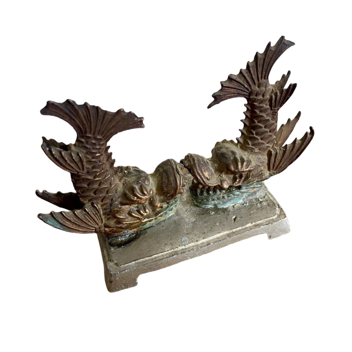 Vintage Japanese Copper Shachihoko Pair, Small Castle Roof Guardian Okimono, Metal Folk Art Sculpture, Japan Decor