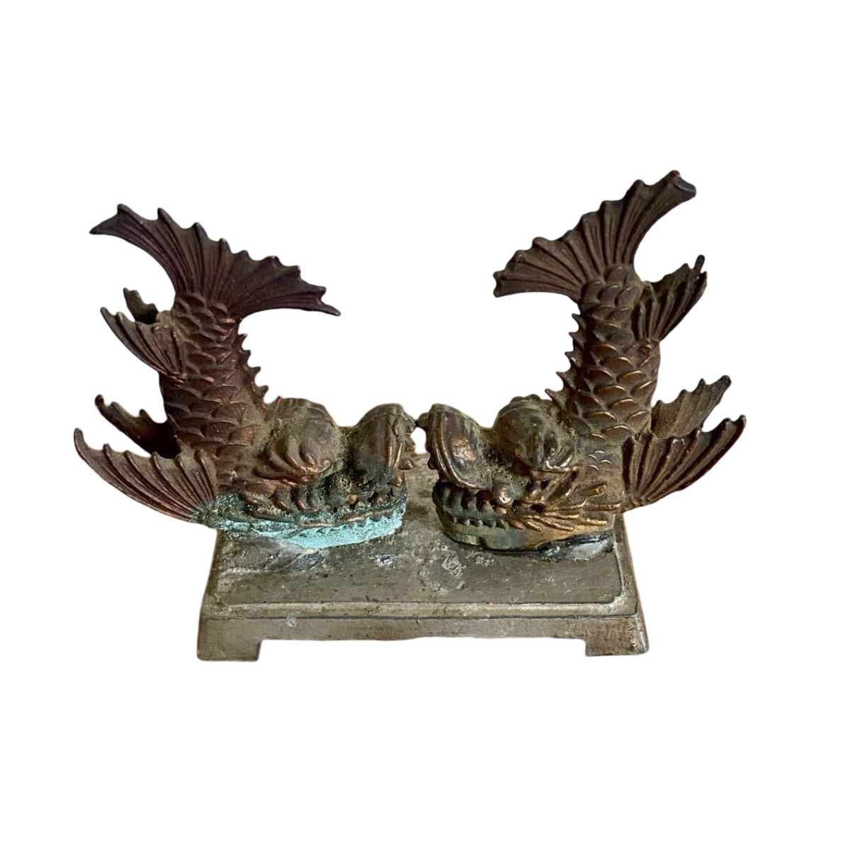 Vintage Japanese Copper Shachihoko Pair, Small Castle Roof Guardian Okimono, Metal Folk Art Sculpture, Japan Decor