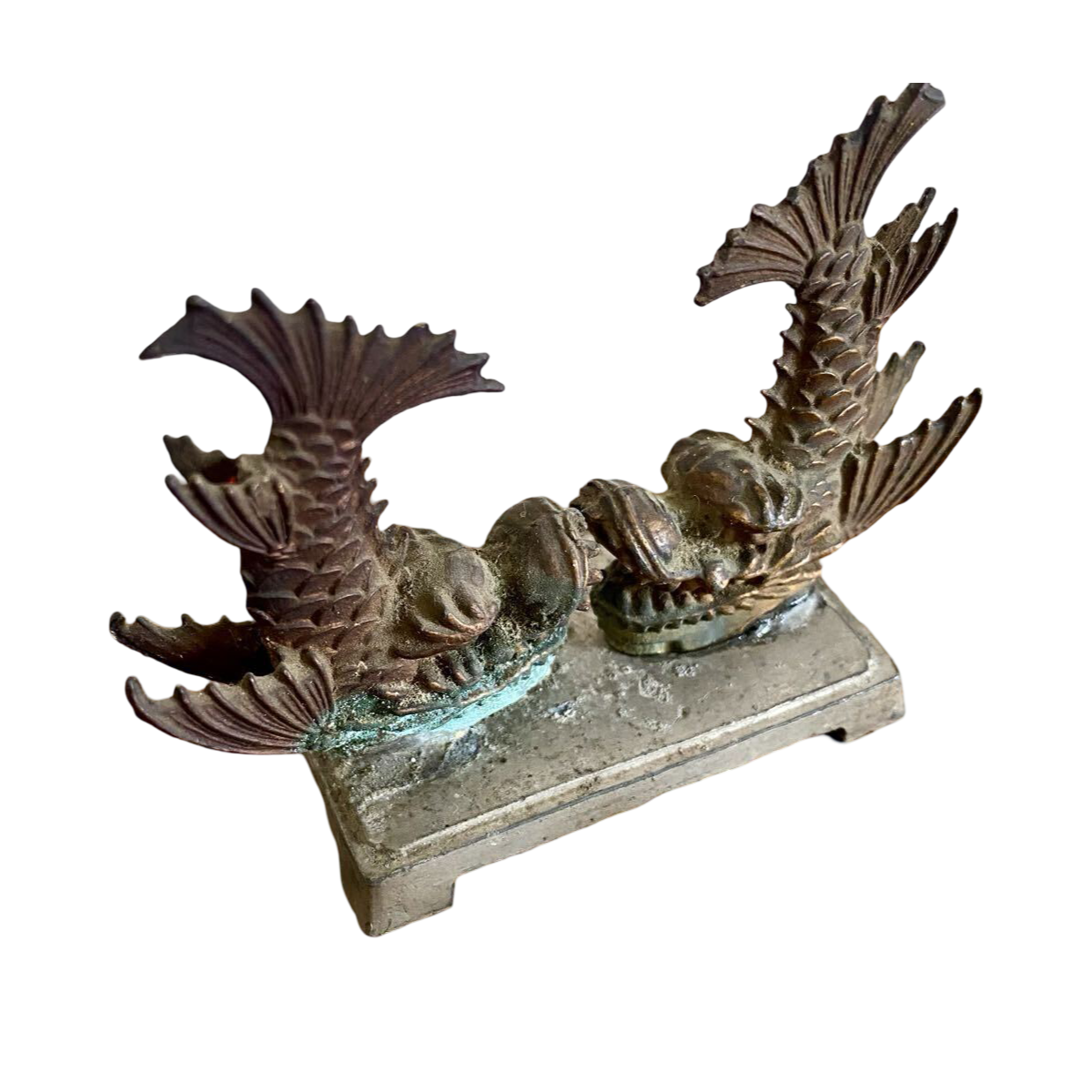 Vintage Japanese Copper Shachihoko Pair, Small Castle Roof Guardian Okimono, Metal Folk Art Sculpture, Japan Decor