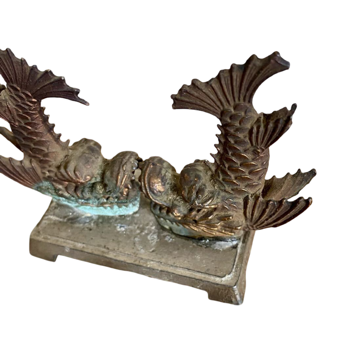 Vintage Japanese Copper Shachihoko Pair, Small Castle Roof Guardian Okimono, Metal Folk Art Sculpture, Japan Decor