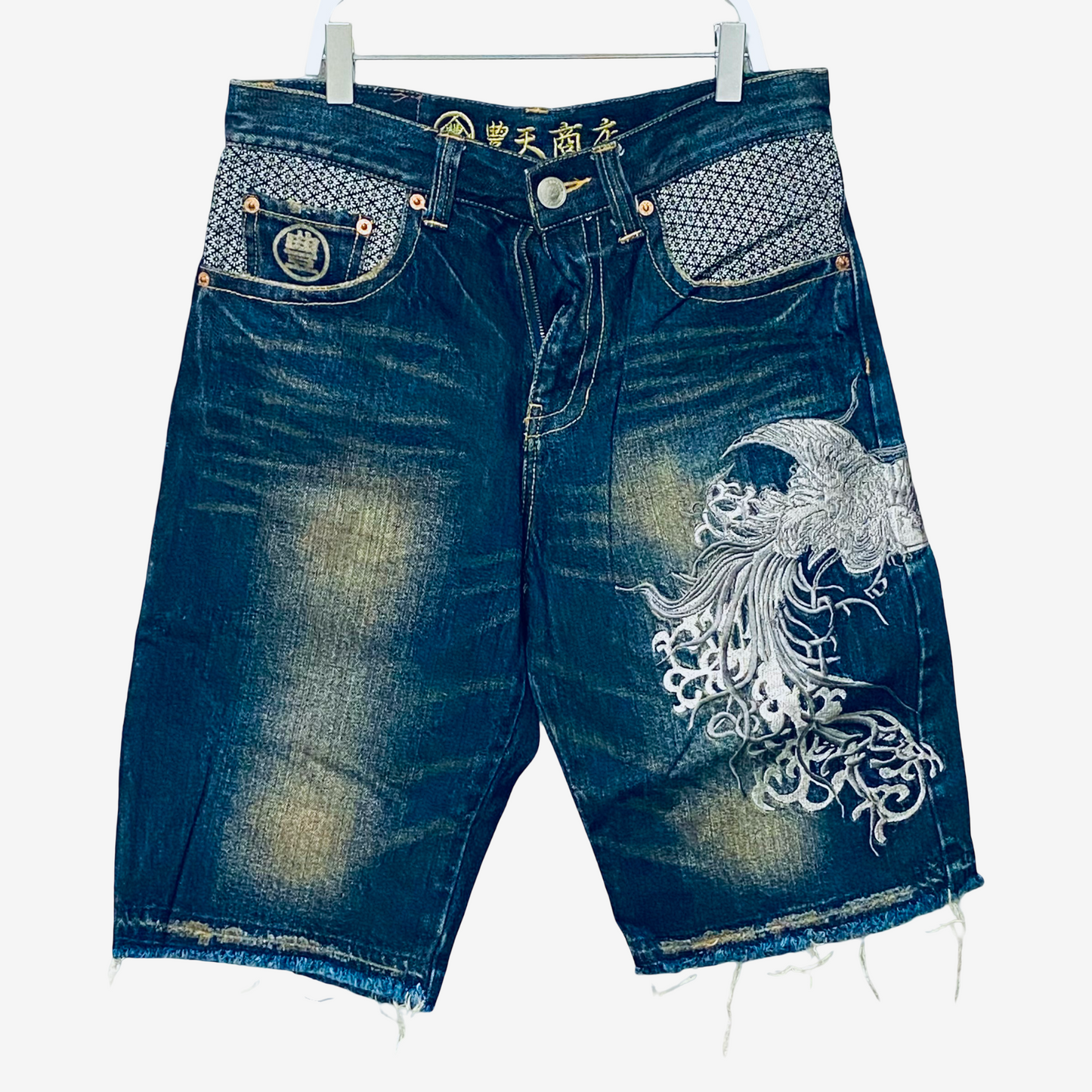 Vintage TOYO ENTERPRISE Japanese Embroidered Phoenix Denim Shorts | Made in Japan | Wagara Sashiko Selvedge Style | Amekaji Streetwear