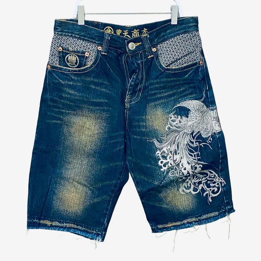 Vintage TOYO ENTERPRISE Japanese Embroidered Phoenix Denim Shorts | Made in Japan | Wagara Sashiko Selvedge Style | Amekaji Streetwear