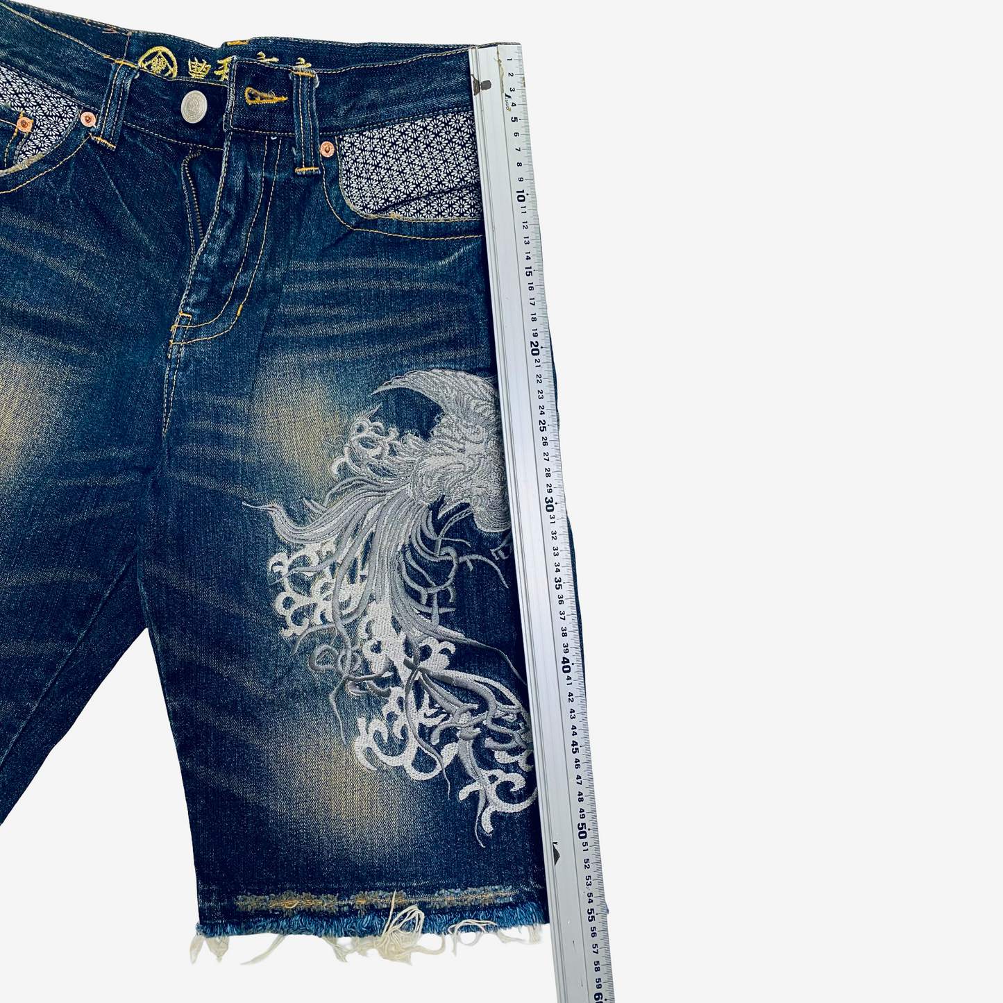 Vintage TOYO ENTERPRISE Japanese Embroidered Phoenix Denim Shorts | Made in Japan | Wagara Sashiko Selvedge Style | Amekaji Streetwear