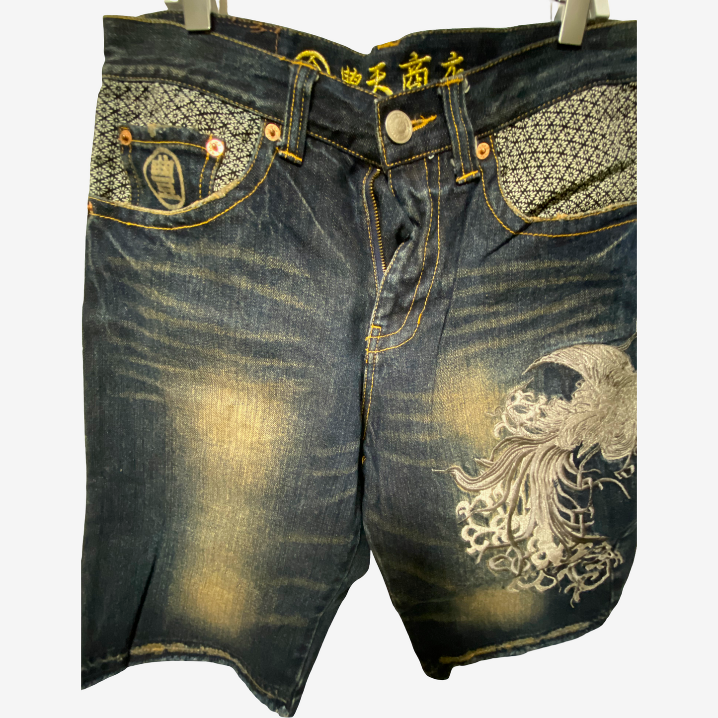Vintage TOYO ENTERPRISE Japanese Embroidered Phoenix Denim Shorts | Made in Japan | Wagara Sashiko Selvedge Style | Amekaji Streetwear
