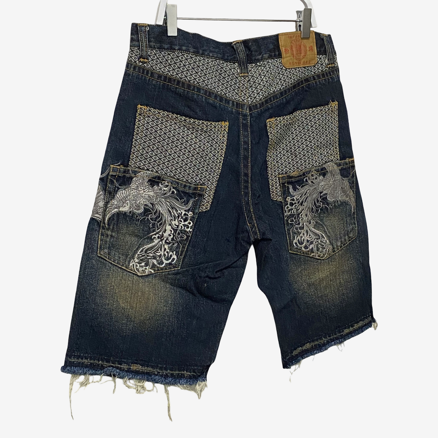 Vintage TOYO ENTERPRISE Japanese Embroidered Phoenix Denim Shorts | Made in Japan | Wagara Sashiko Selvedge Style | Amekaji Streetwear