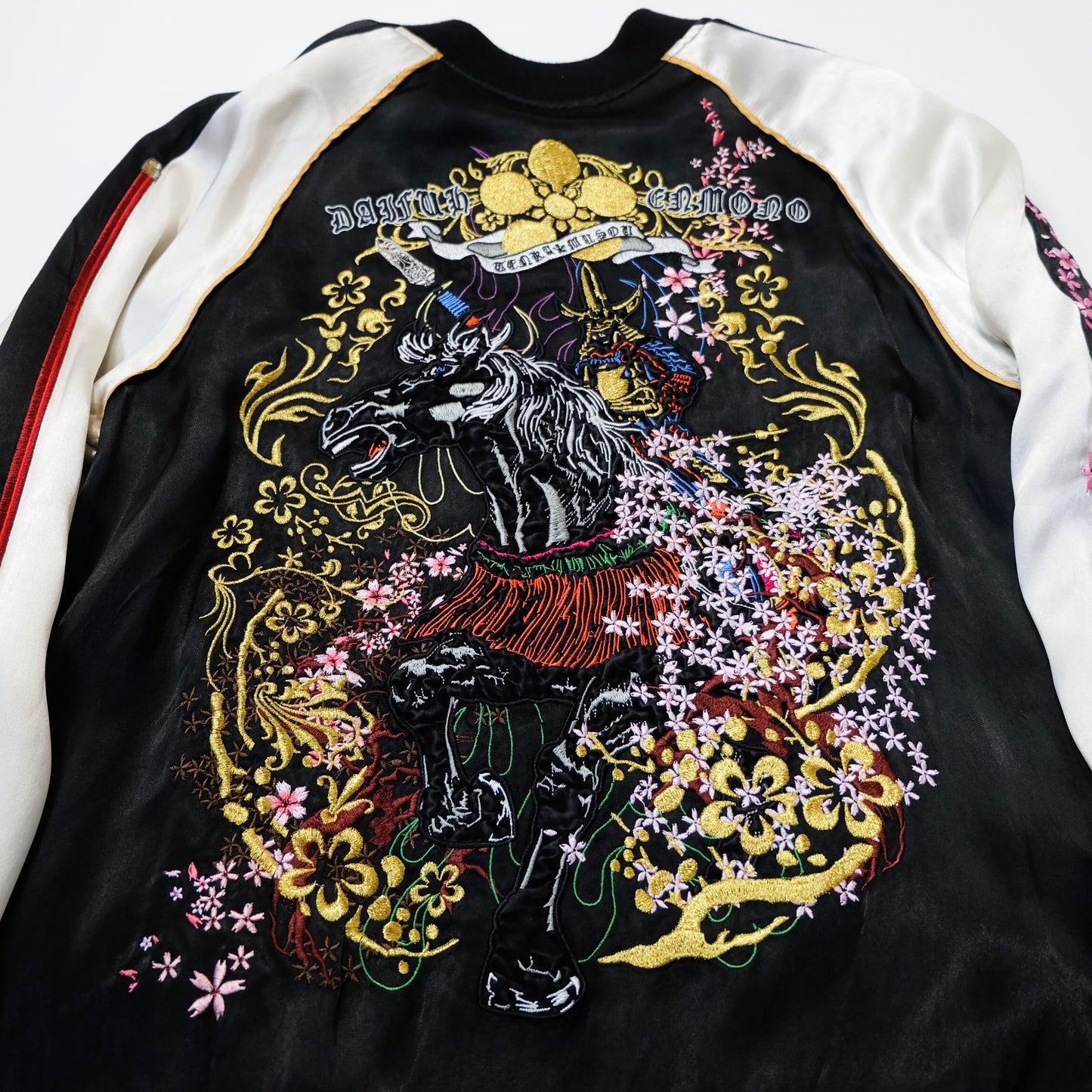 Miyabi Musubi × ZENBU Reversible Sukajan Maeda Keiji Matsukaze Samurai Horse Skull Sakura Embroidered Jacket