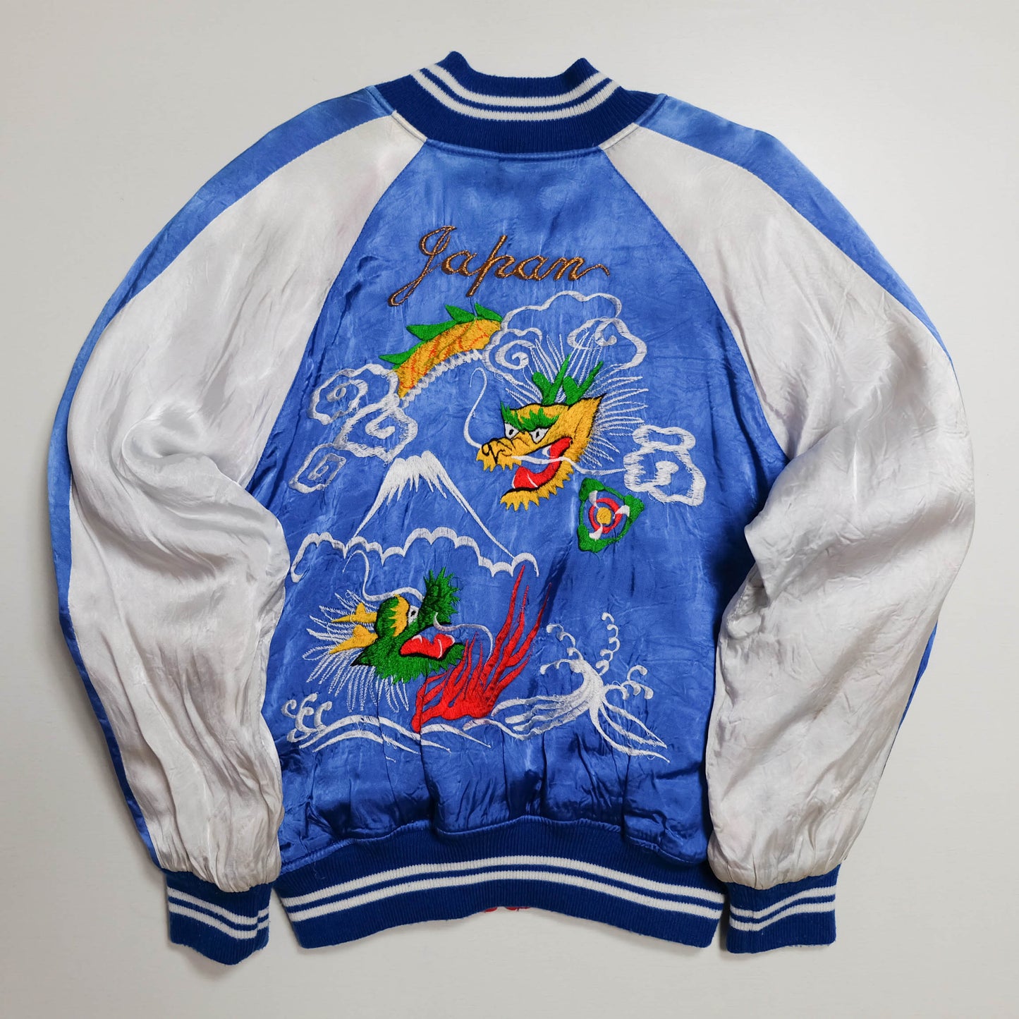 Vintage Japan Sukajan Dragon Mount Fuji Blue White Embroidered Souvenir Jacket Size L Padded Satin Bomber