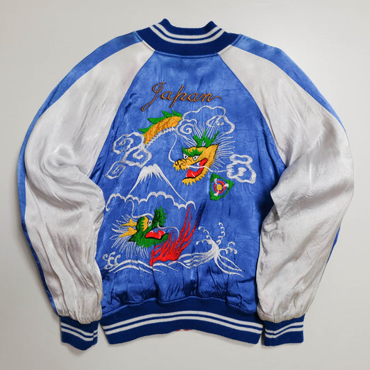 Vintage Japan Sukajan Dragon Mount Fuji Blue White Embroidered Souvenir Jacket Size L Padded Satin Bomber