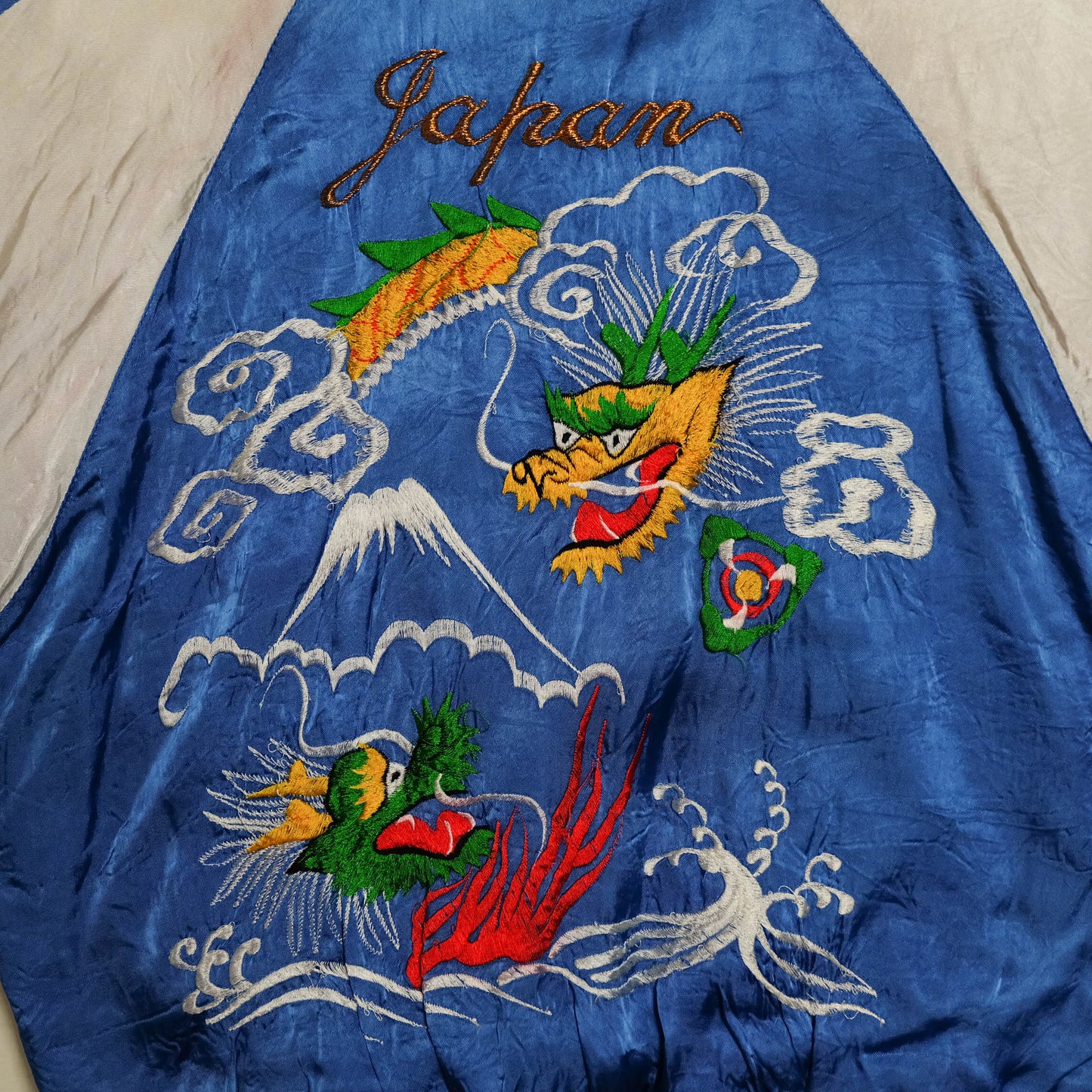 Vintage Japan Sukajan Dragon Mount Fuji Blue White Embroidered Souvenir Jacket Size L Padded Satin Bomber