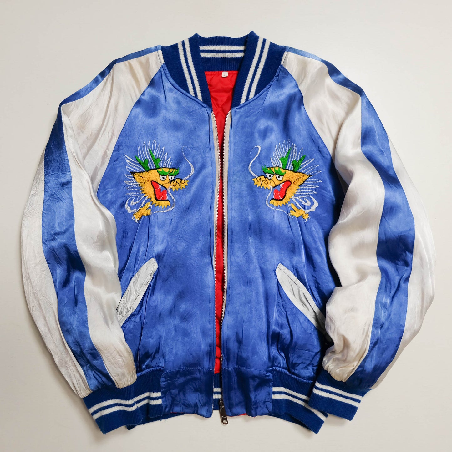 Vintage Japan Sukajan Dragon Mount Fuji Blue White Embroidered Souvenir Jacket Size L Padded Satin Bomber