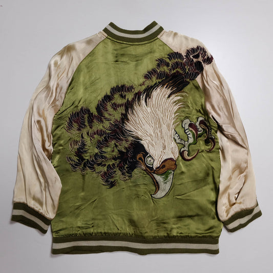 Vintage 1990s Pin-Ball Reversible Sukajan Eagle Jacket Medium Olive Green Japanese Souvenir Satin Bomber