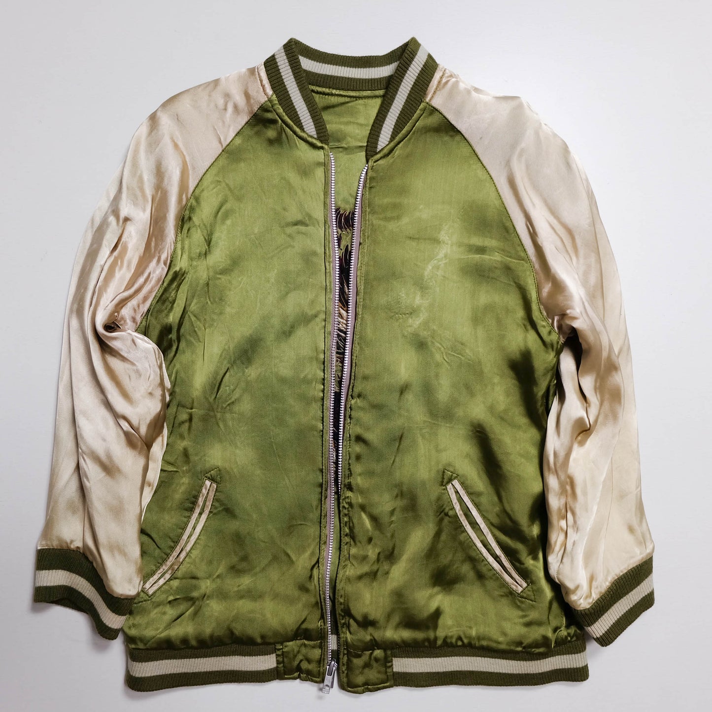 Vintage 1990s Pin-Ball Reversible Sukajan Eagle Jacket Medium Olive Green Japanese Souvenir Satin Bomber
