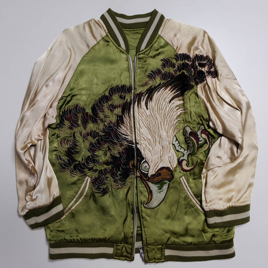 Vintage 1990s Pin-Ball Reversible Sukajan Eagle Jacket Medium Olive Green Japanese Souvenir Satin Bomber