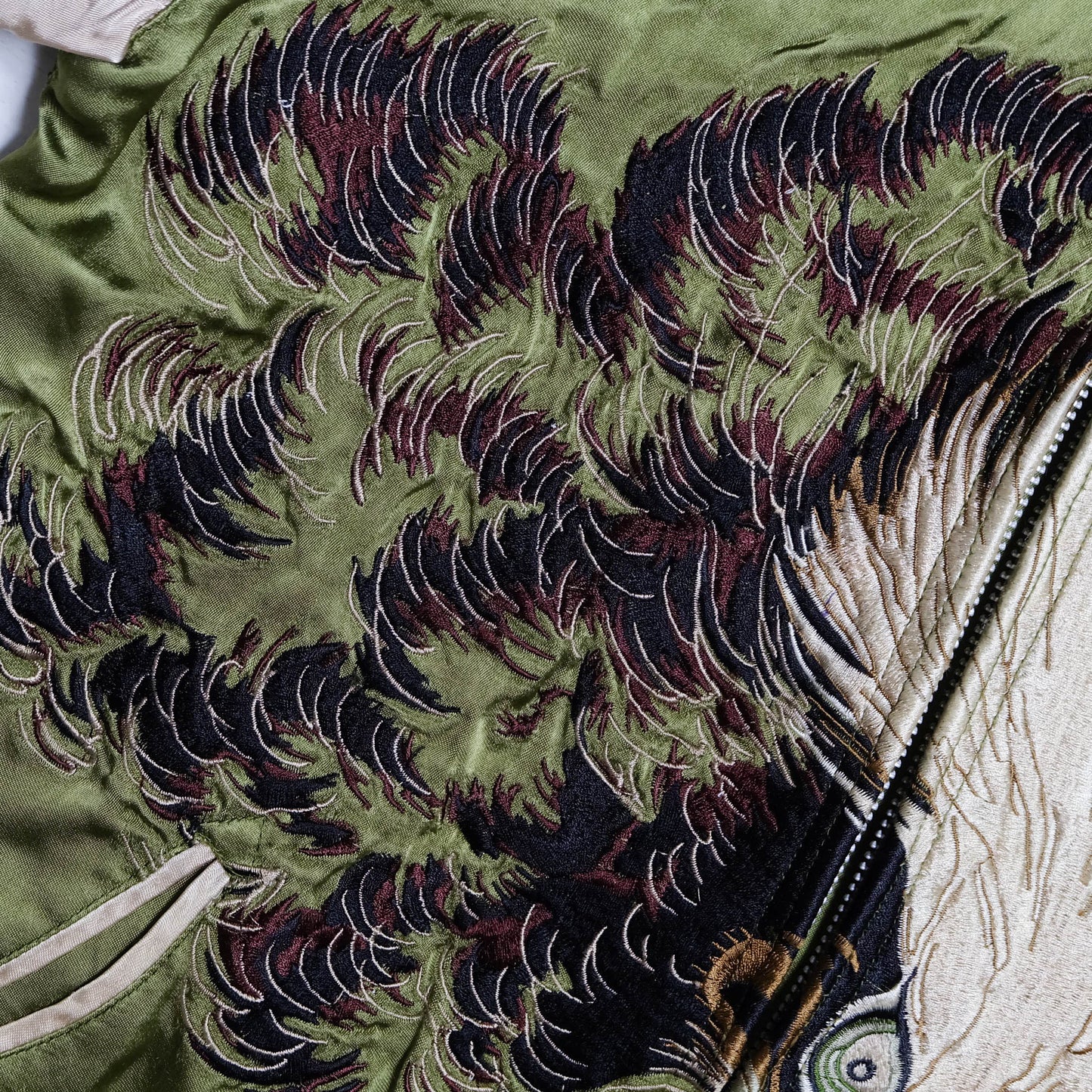 Vintage 1990s Pin-Ball Reversible Sukajan Eagle Jacket Medium Olive Green Japanese Souvenir Satin Bomber