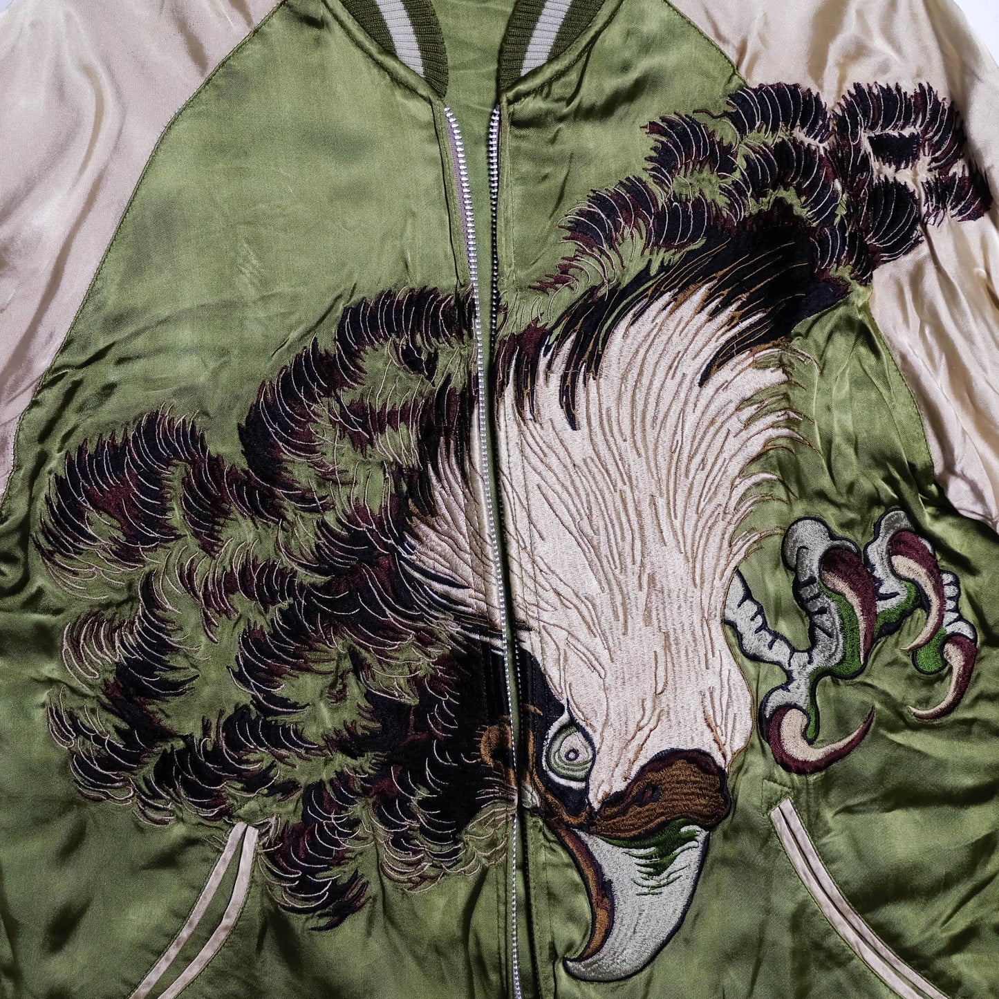 Vintage 1990s Pin-Ball Reversible Sukajan Eagle Jacket Medium Olive Green Japanese Souvenir Satin Bomber