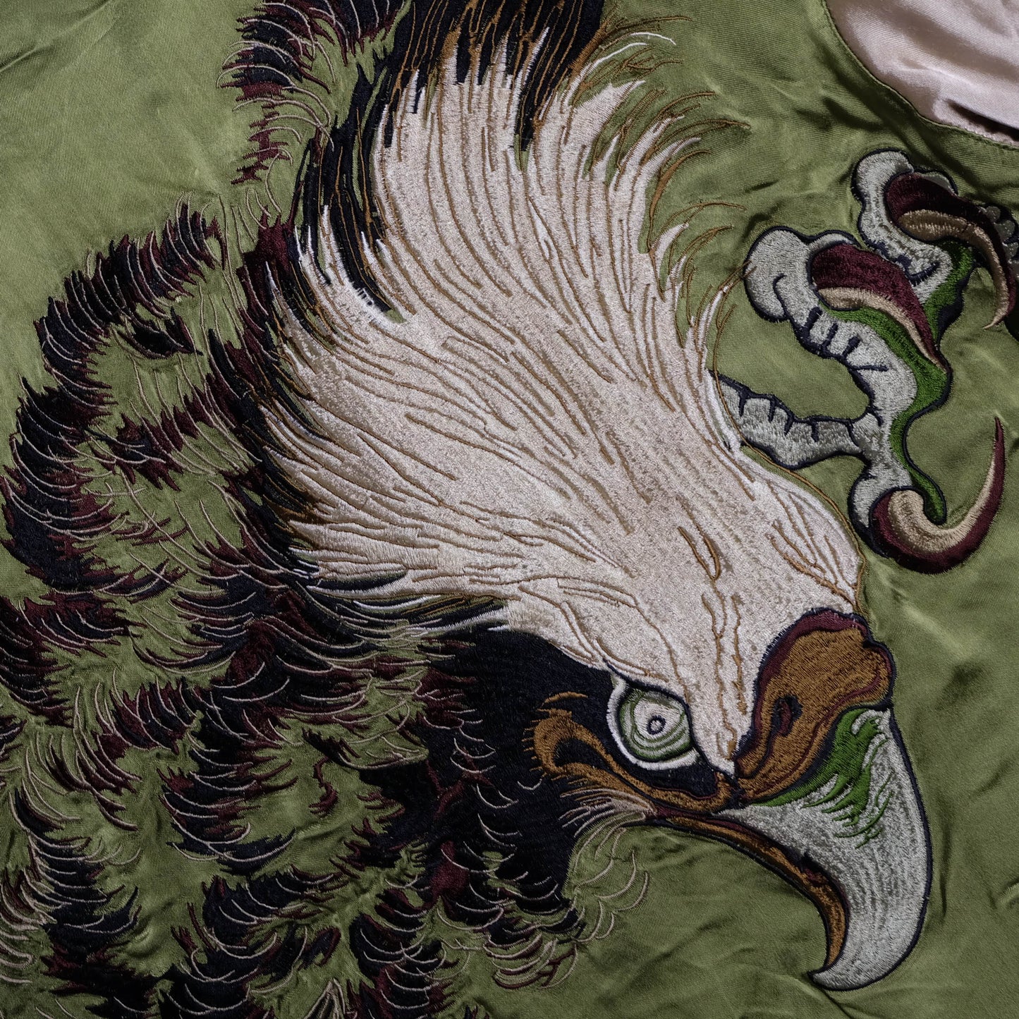 Vintage 1990s Pin-Ball Reversible Sukajan Eagle Jacket Medium Olive Green Japanese Souvenir Satin Bomber