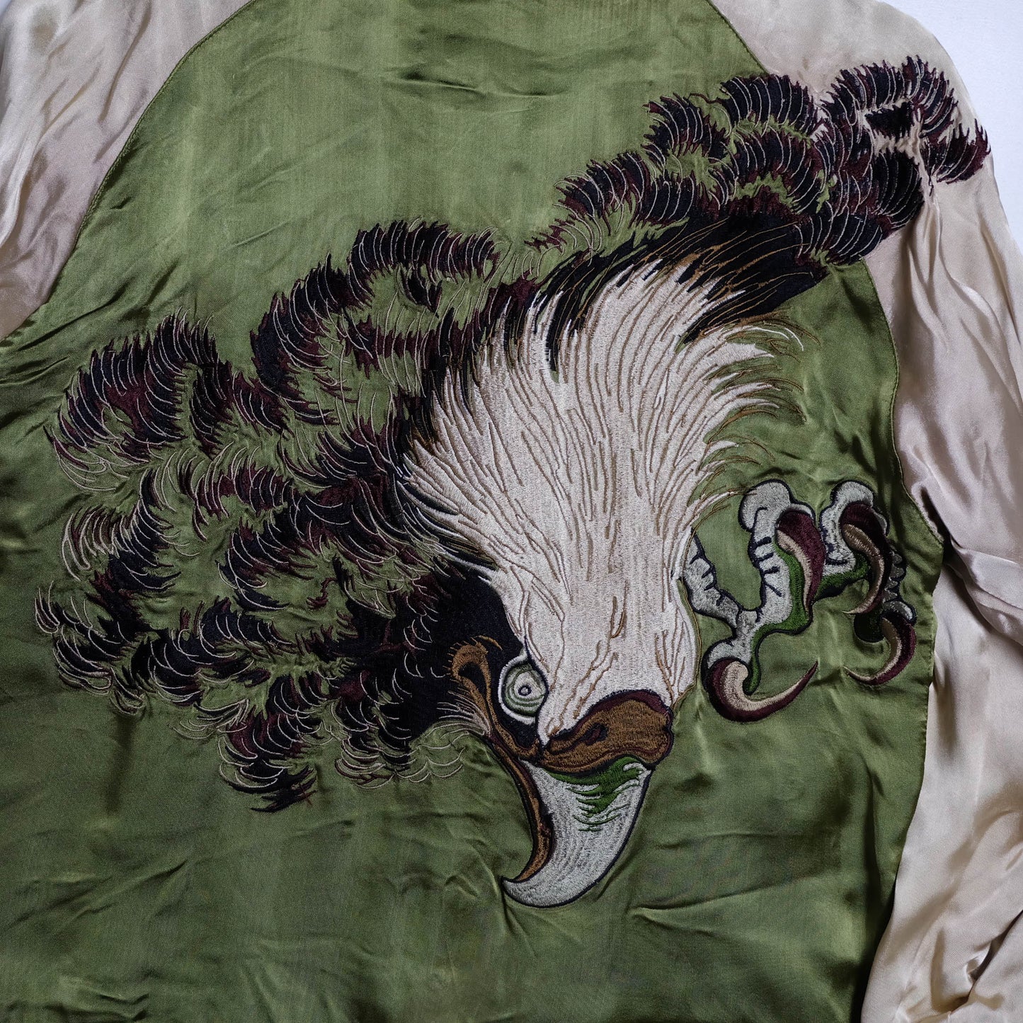 Vintage 1990s Pin-Ball Reversible Sukajan Eagle Jacket Medium Olive Green Japanese Souvenir Satin Bomber