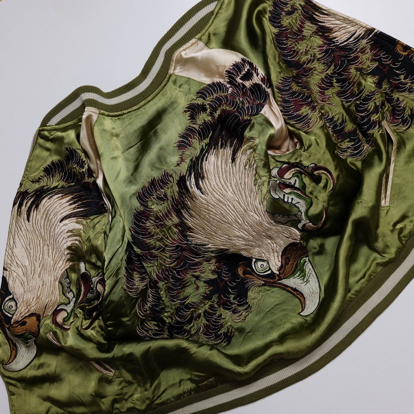 Vintage 1990s Pin-Ball Reversible Sukajan Eagle Jacket Medium Olive Green Japanese Souvenir Satin Bomber