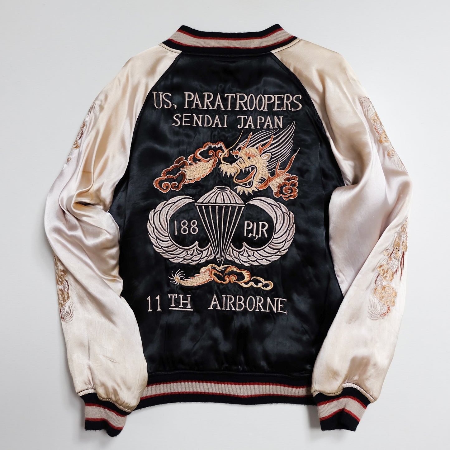 HOUSTON Japan U.S. Paratroopers 188 PIR 11th Airborne Sendai Dragon Sukajan Souvenir Jacket | Black Ivory Satin | Size M