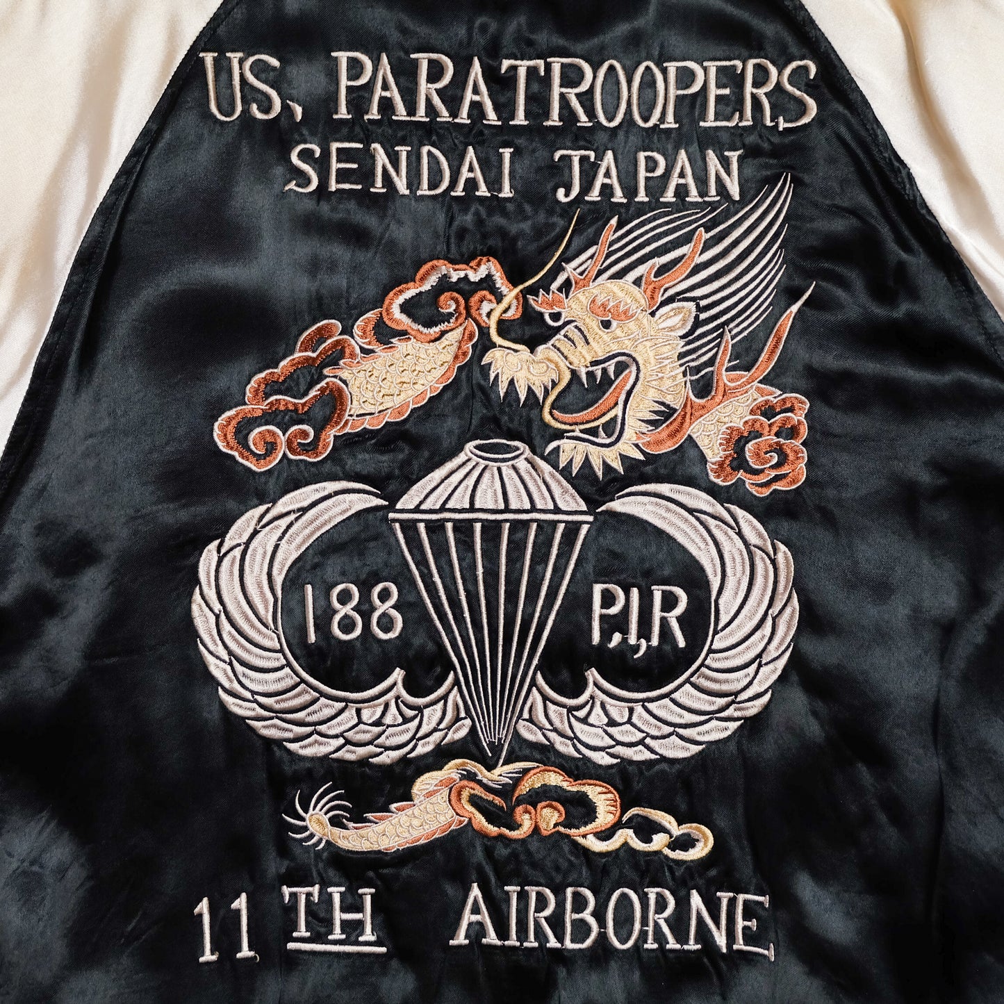 HOUSTON Japan U.S. Paratroopers 188 PIR 11th Airborne Sendai Dragon Sukajan Souvenir Jacket | Black Ivory Satin | Size M