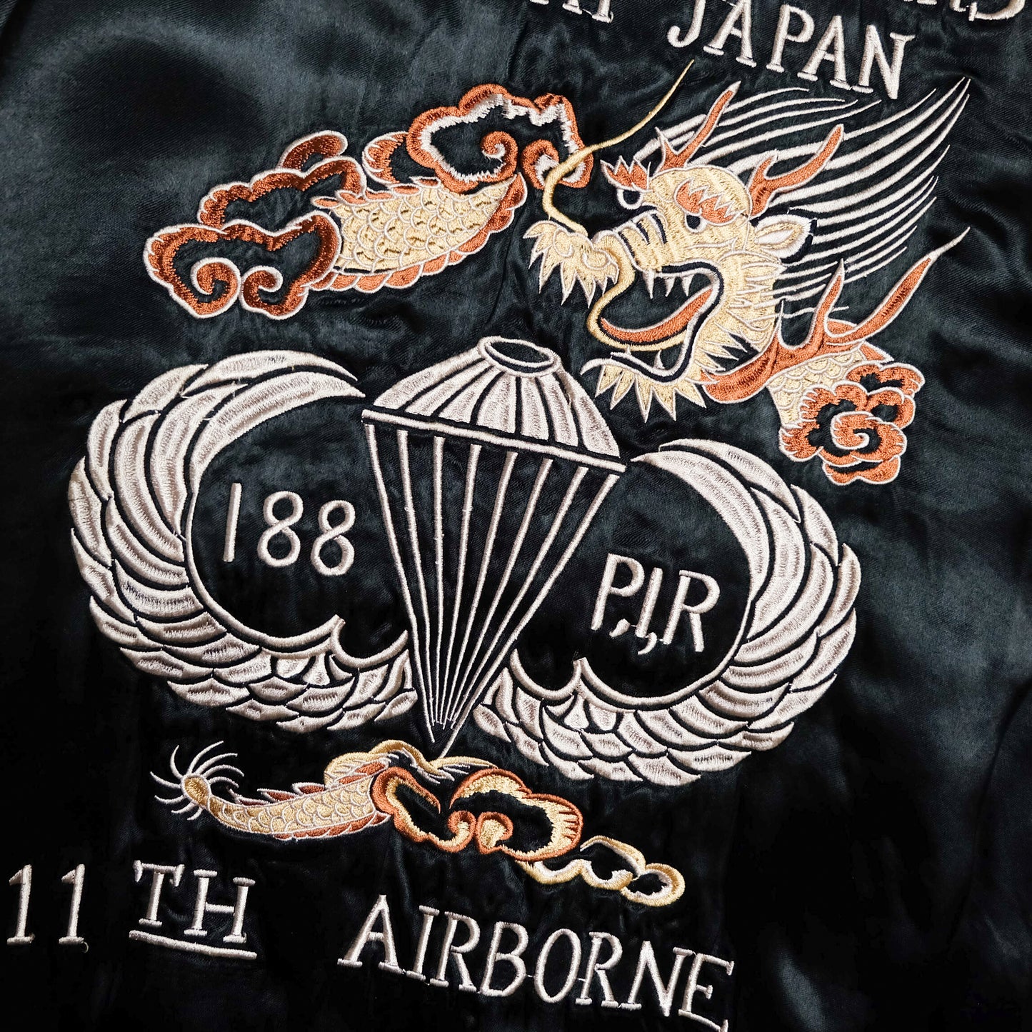 HOUSTON Japan U.S. Paratroopers 188 PIR 11th Airborne Sendai Dragon Sukajan Souvenir Jacket | Black Ivory Satin | Size M