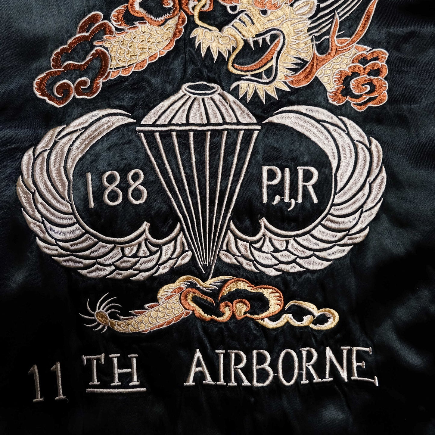 HOUSTON Japan U.S. Paratroopers 188 PIR 11th Airborne Sendai Dragon Sukajan Souvenir Jacket | Black Ivory Satin | Size M