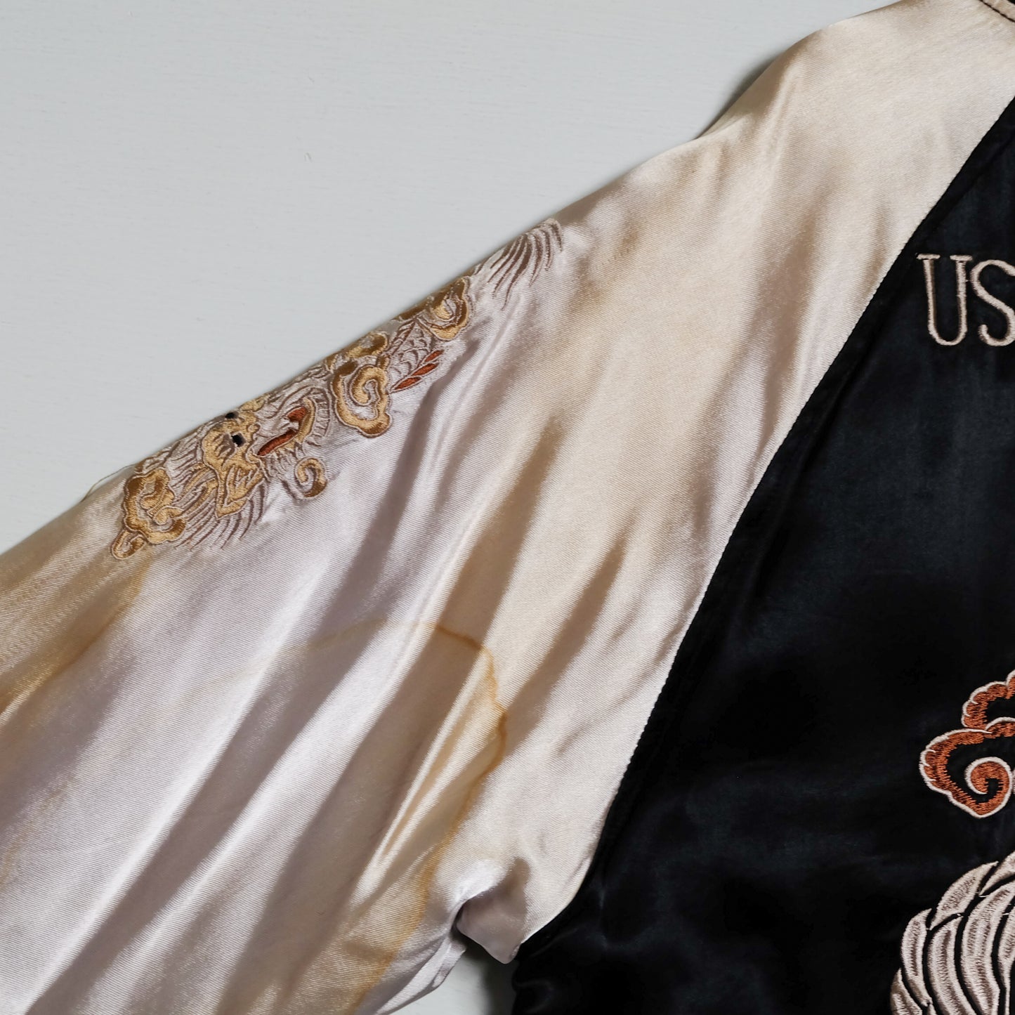 HOUSTON Japan U.S. Paratroopers 188 PIR 11th Airborne Sendai Dragon Sukajan Souvenir Jacket | Black Ivory Satin | Size M