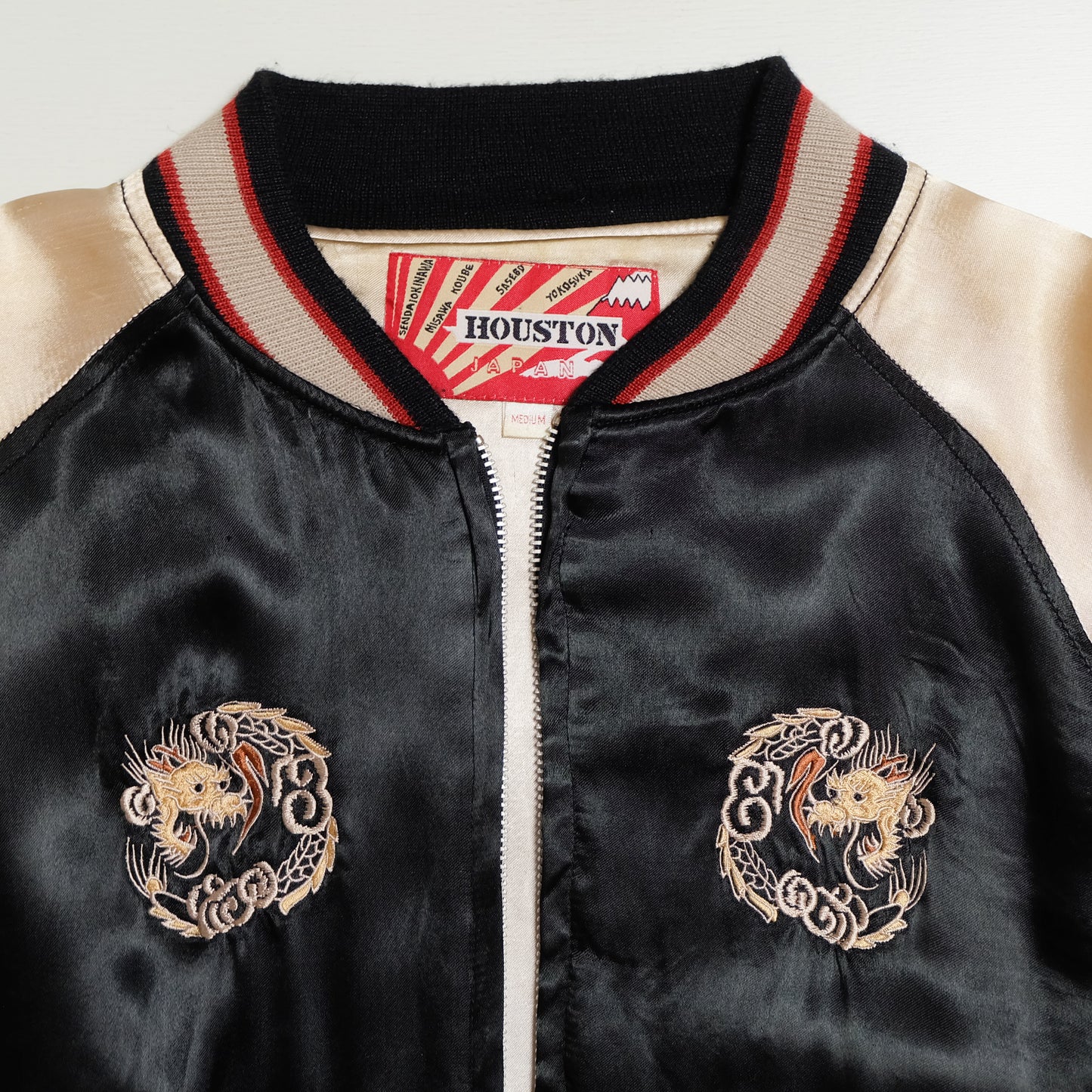 HOUSTON Japan U.S. Paratroopers 188 PIR 11th Airborne Sendai Dragon Sukajan Souvenir Jacket | Black Ivory Satin | Size M